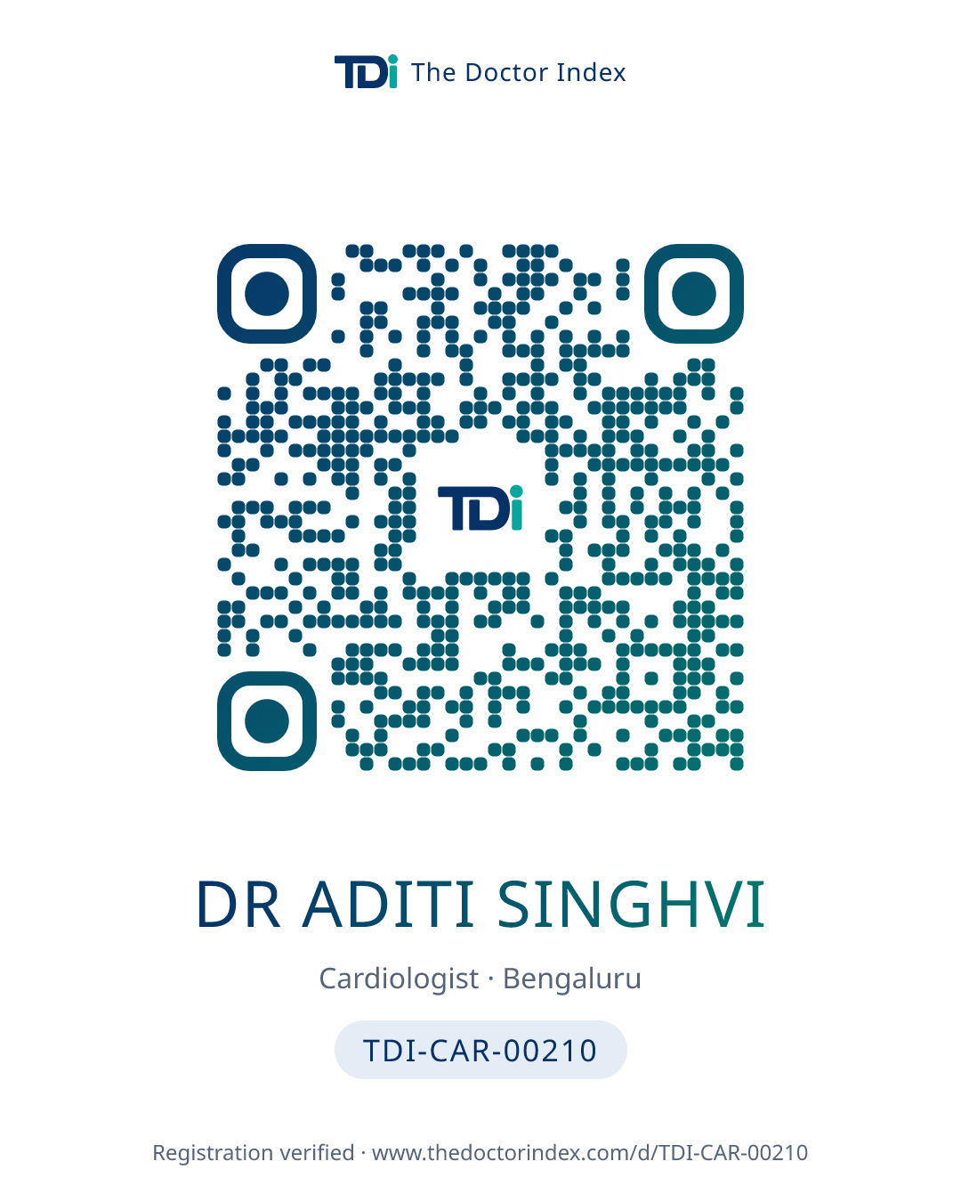QR card for Dr Aditi Singhvi, TDI-CAR-00210