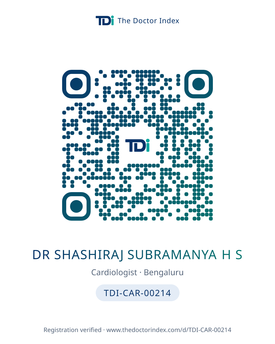QR card for Dr Shashiraj Subramanya H S, TDI-CAR-00214
