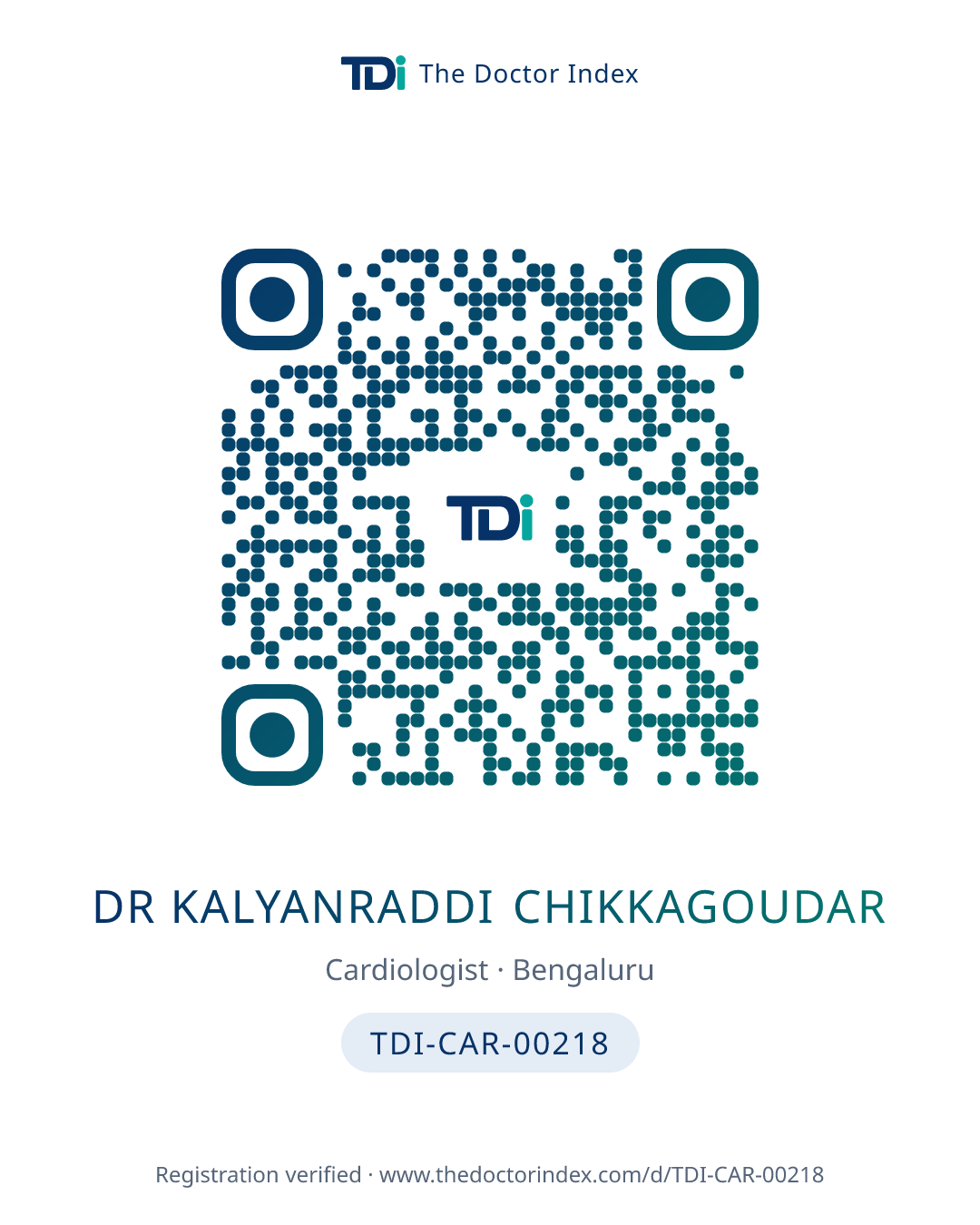 QR card for Dr KALYANRADDI CHIKKAGOUDAR, TDI-CAR-00218
