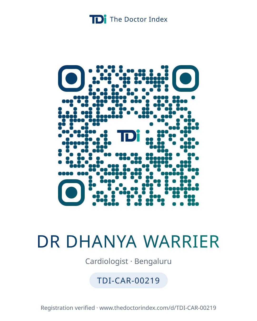 QR card for Dr Dhanya Warrier, TDI-CAR-00219