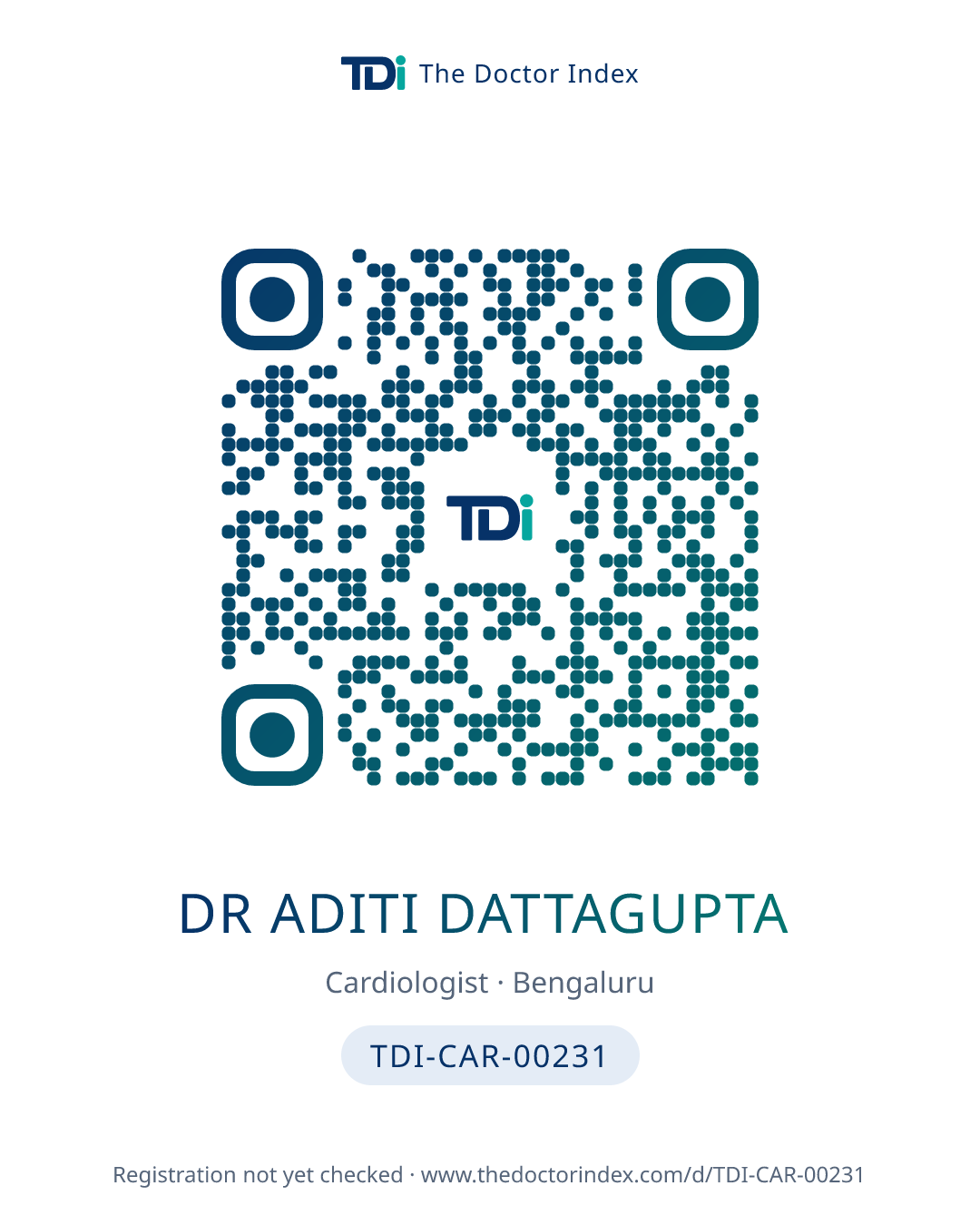 QR card for Dr Aditi Dattagupta, TDI-CAR-00231