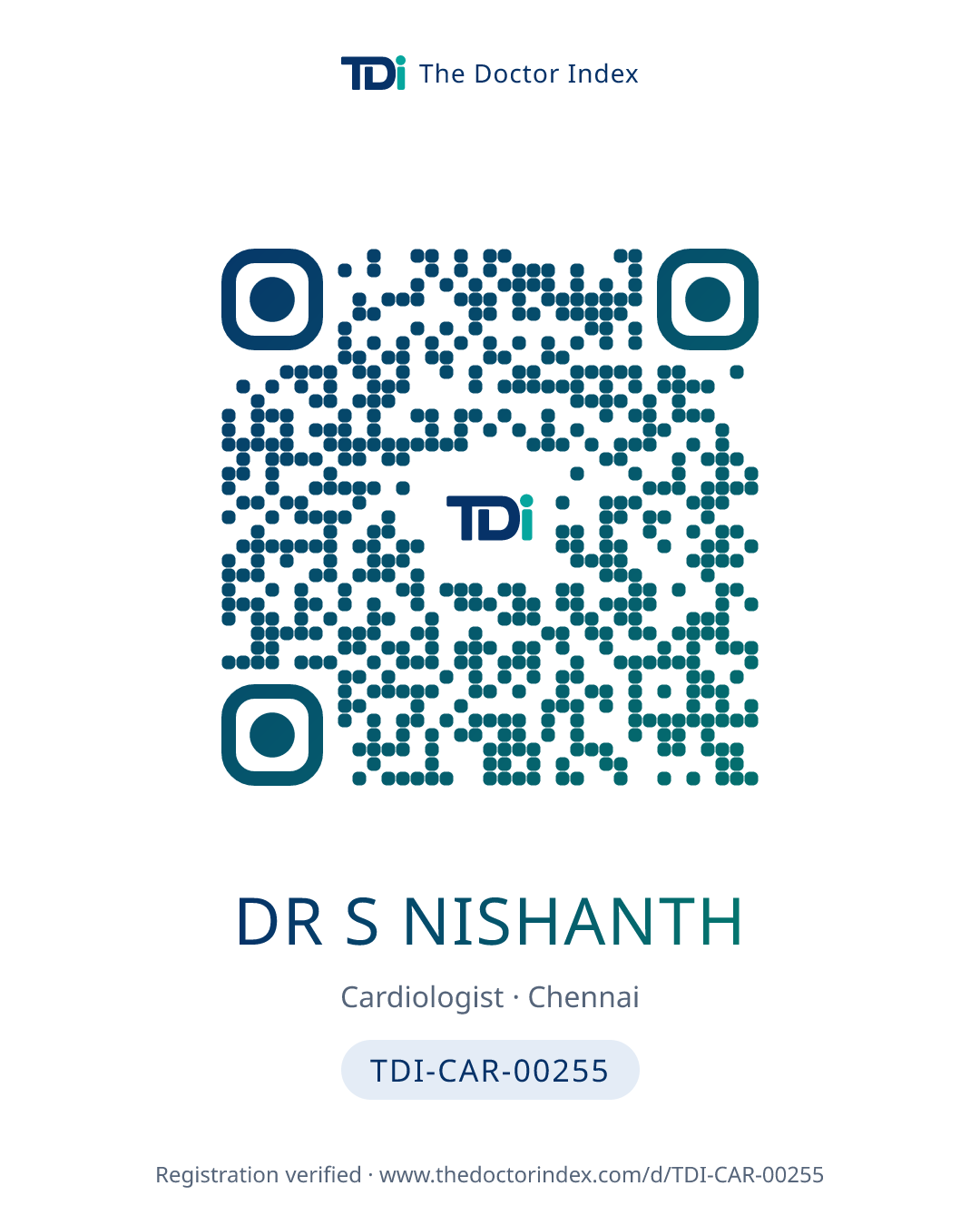QR card for Dr S Nishanth, TDI-CAR-00255