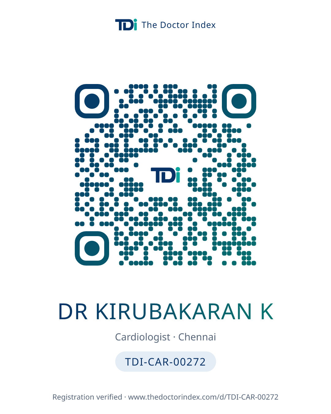 QR card for Dr Kirubakaran K, TDI-CAR-00272