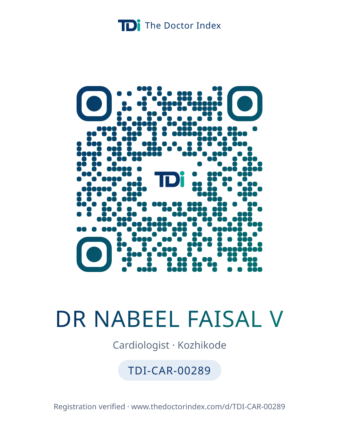 QR card for Dr Nabeel Faisal V, TDI-CAR-00289