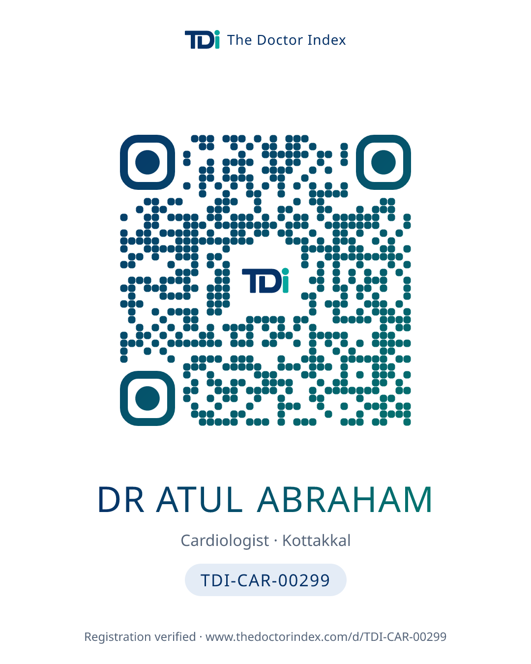 QR card for Dr Atul Abraham, TDI-CAR-00299