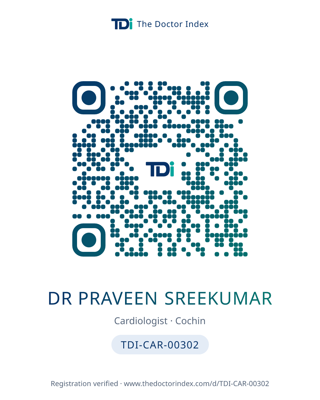 QR card for Dr Praveen Sreekumar, TDI-CAR-00302