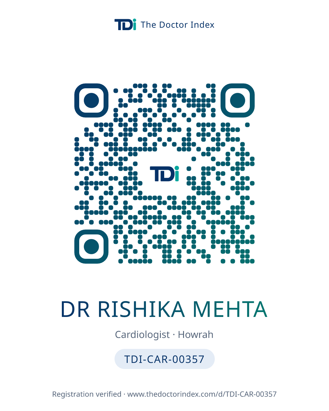 QR card for Dr Rishika Mehta, TDI-CAR-00357