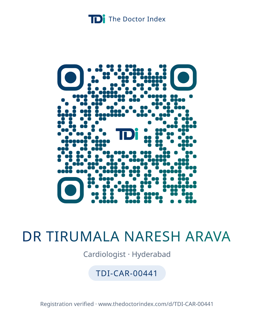QR card for Dr Tirumala Naresh Arava, TDI-CAR-00441