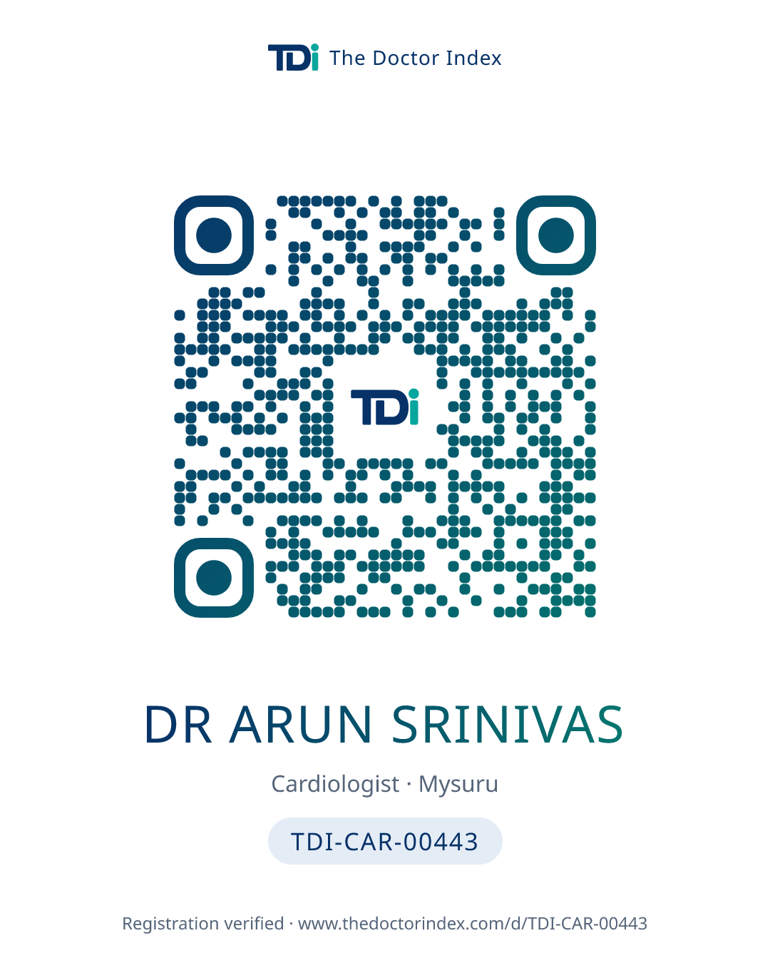 QR card for Dr Arun Srinivas, TDI-CAR-00443