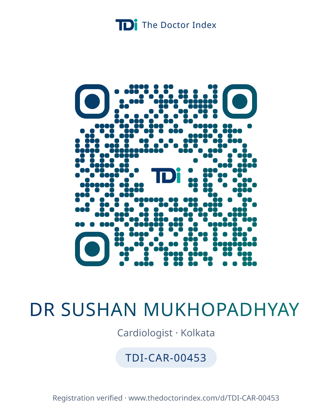 QR card for Dr Sushan Mukhopadhyay, TDI-CAR-00453