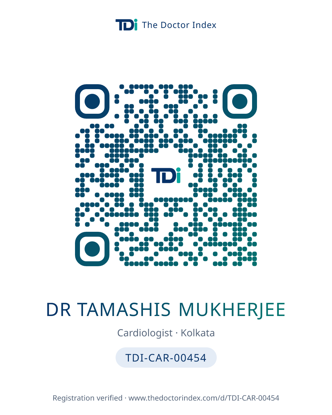 QR card for Dr Tamashis Mukherjee, TDI-CAR-00454