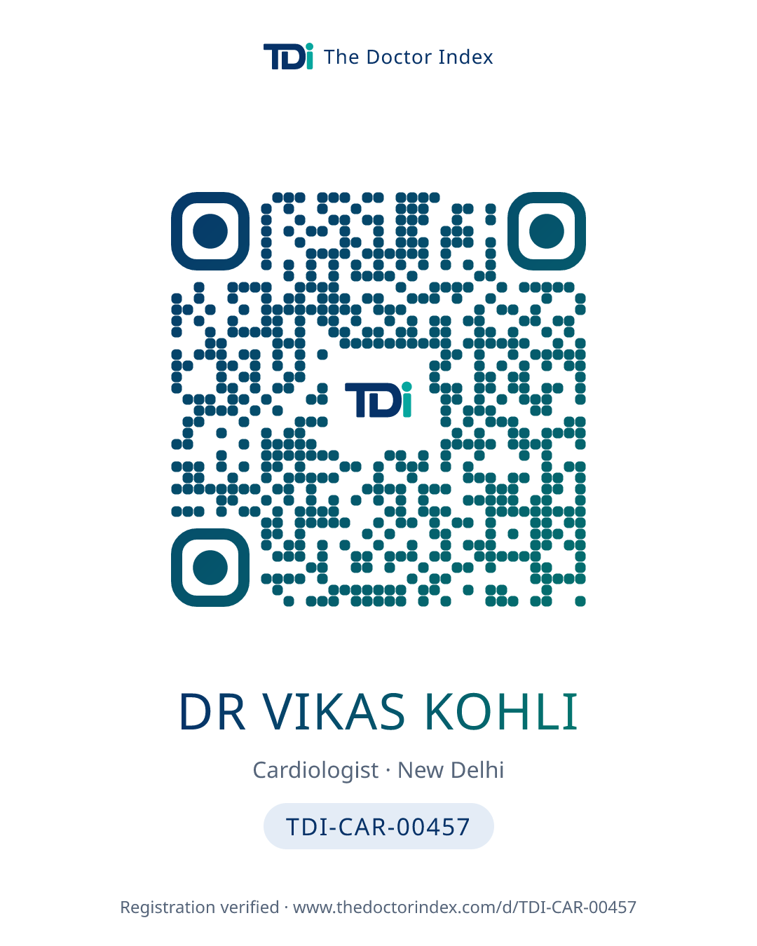 QR card for Dr Vikas Kohli, TDI-CAR-00457