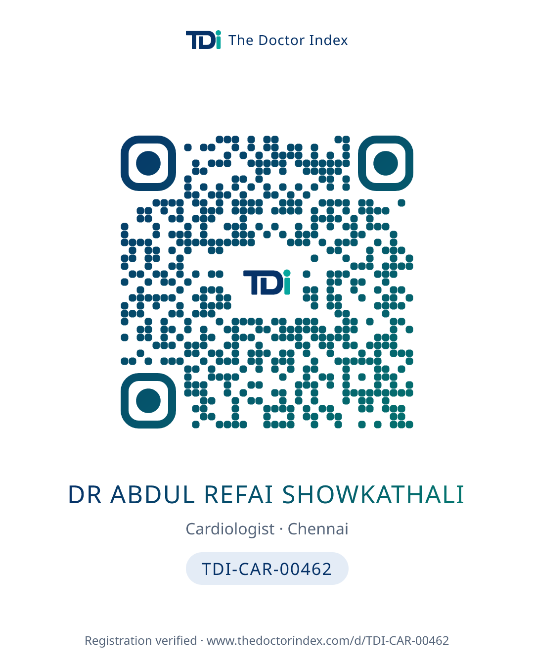 QR card for Dr Abdul Refai Showkathali, TDI-CAR-00462
