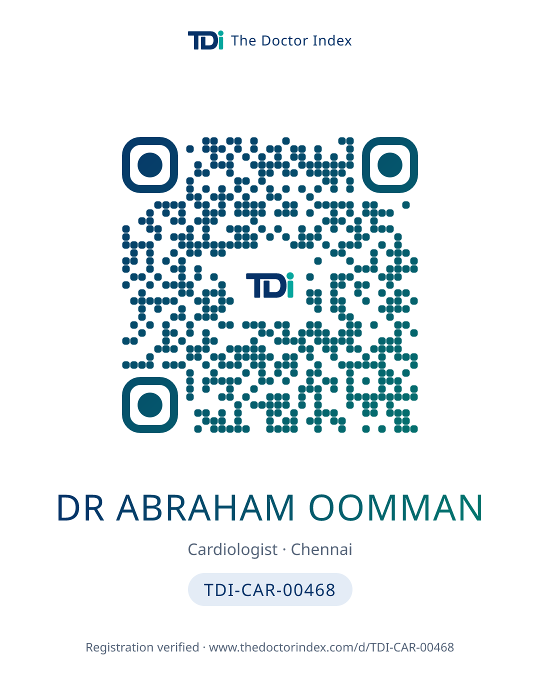 QR card for Dr Abraham Oomman, TDI-CAR-00468