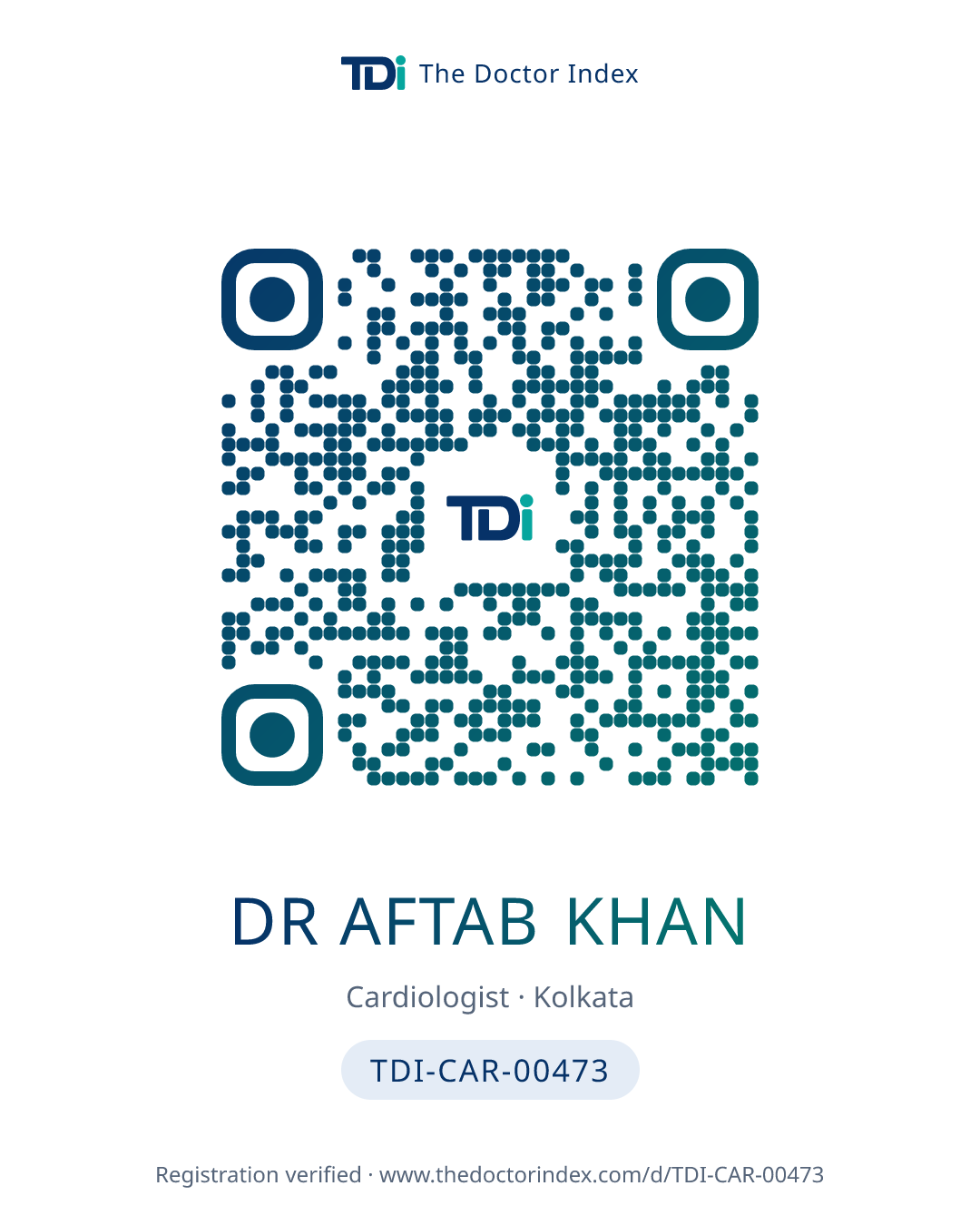 QR card for Dr Aftab Khan, TDI-CAR-00473