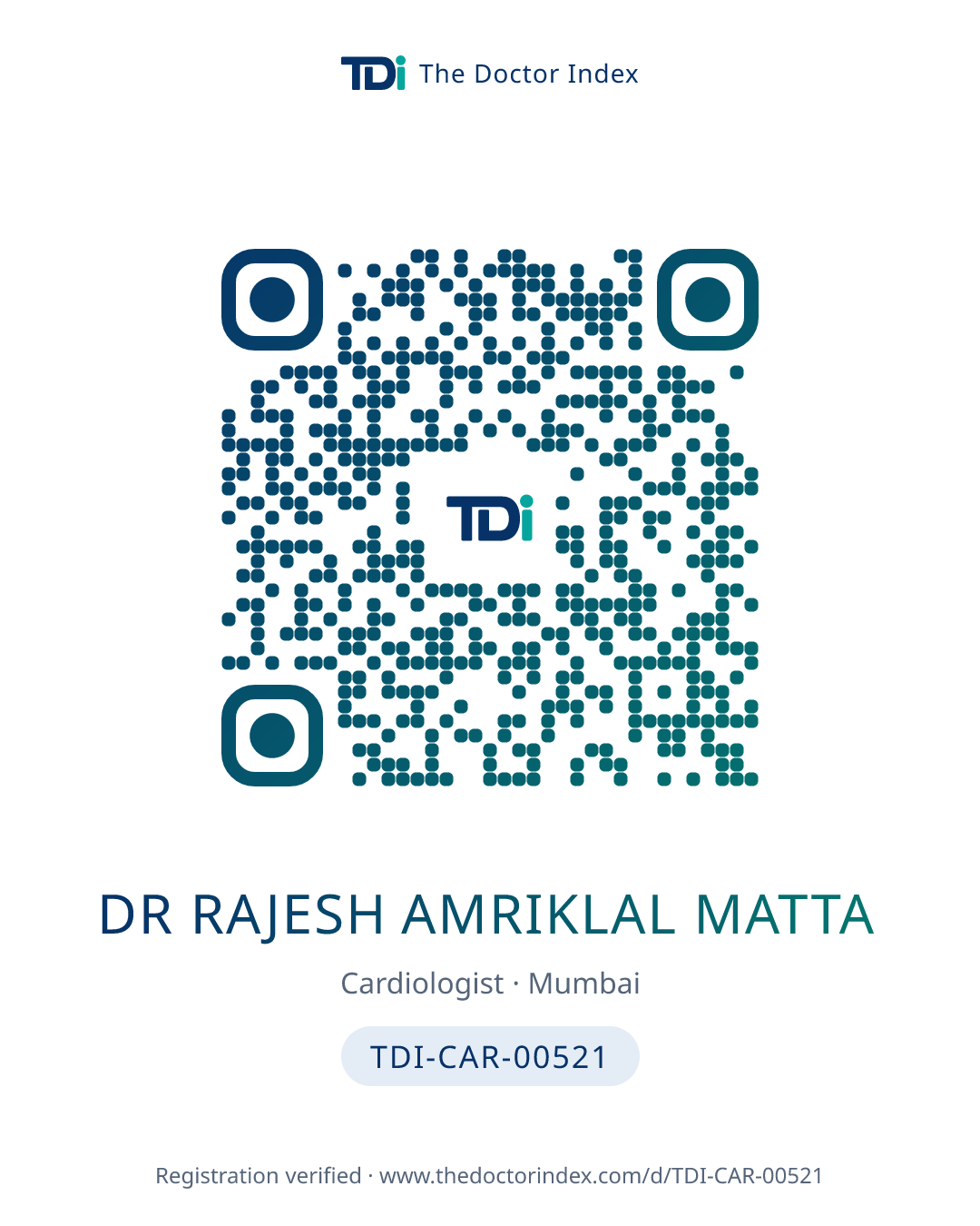 QR card for Dr Rajesh Amriklal Matta, TDI-CAR-00521