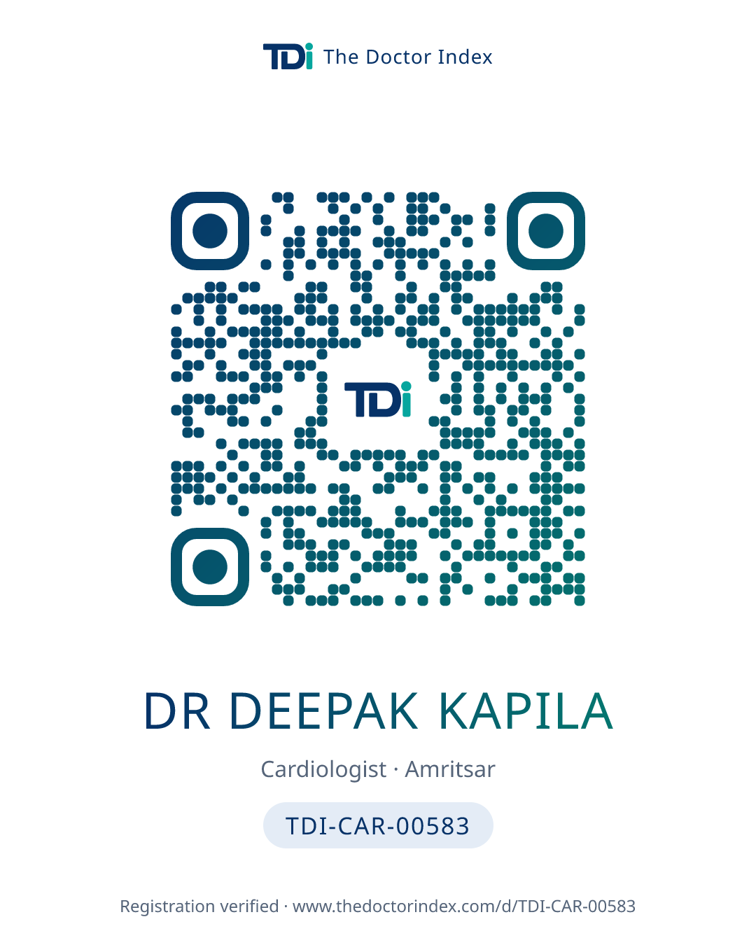 QR card for Dr Deepak Kapila, TDI-CAR-00583