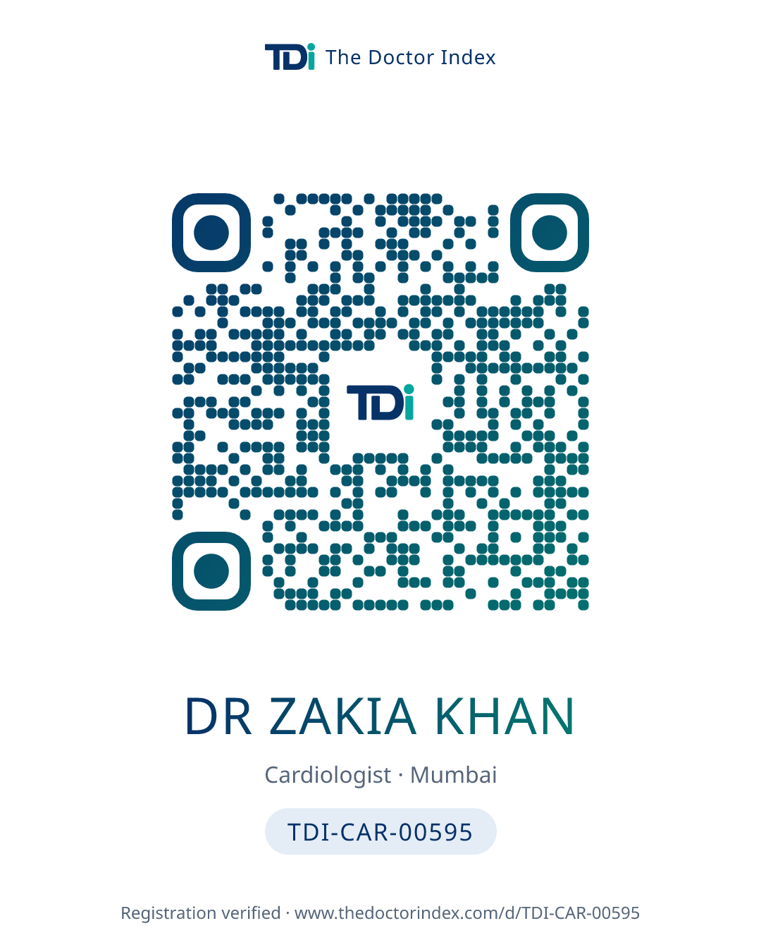 QR card for Dr Zakia Khan, TDI-CAR-00595