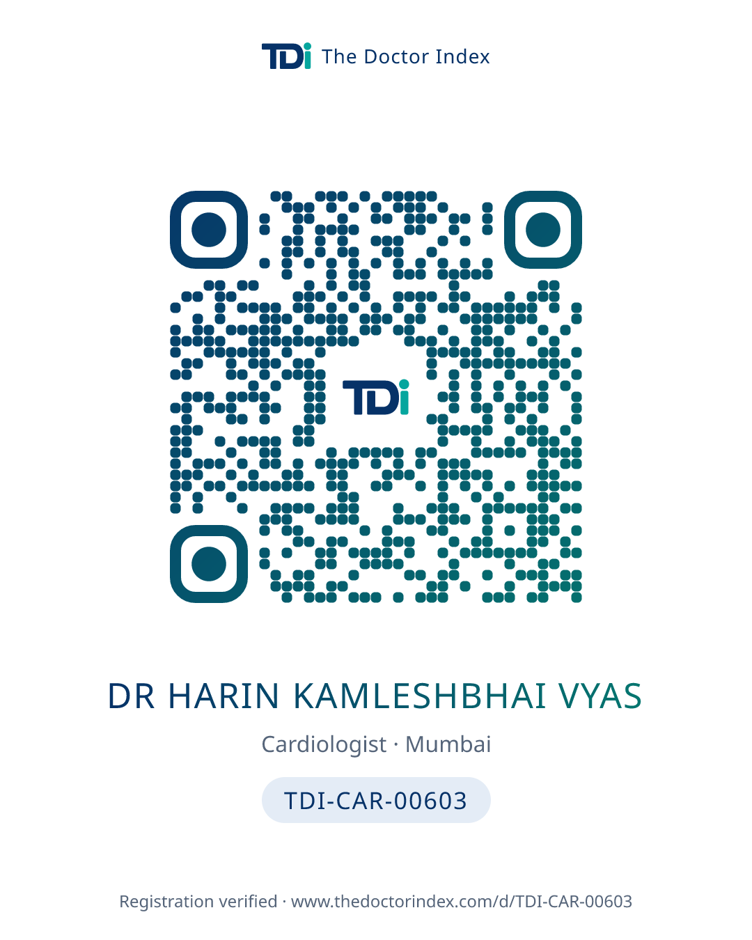 QR card for Dr Harin Kamleshbhai Vyas, TDI-CAR-00603