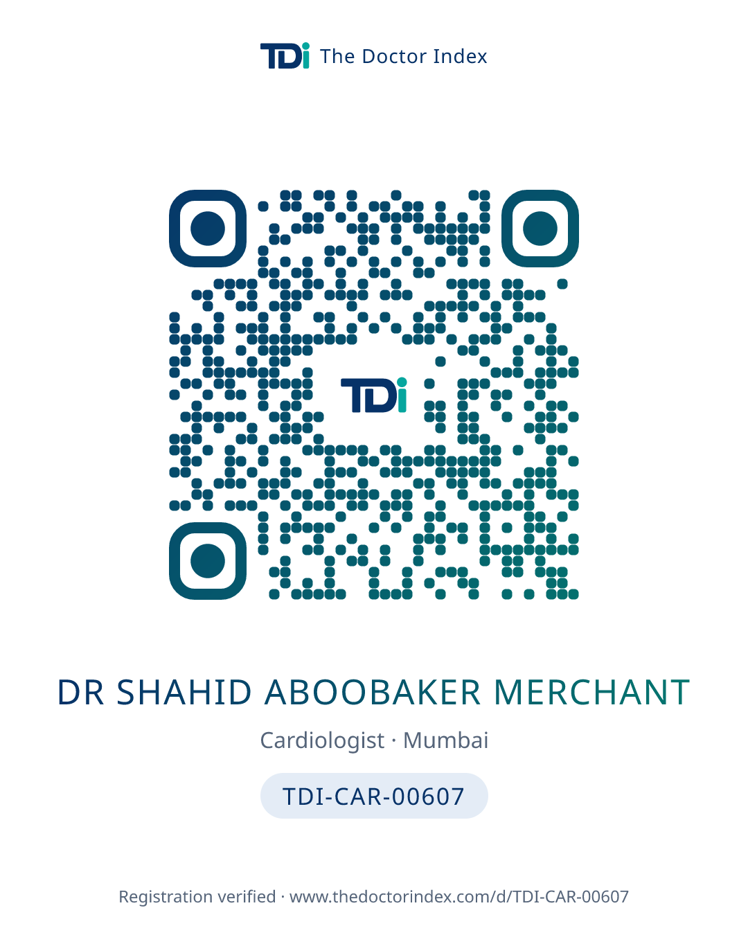 QR card for Dr Shahid Aboobaker Merchant, TDI-CAR-00607