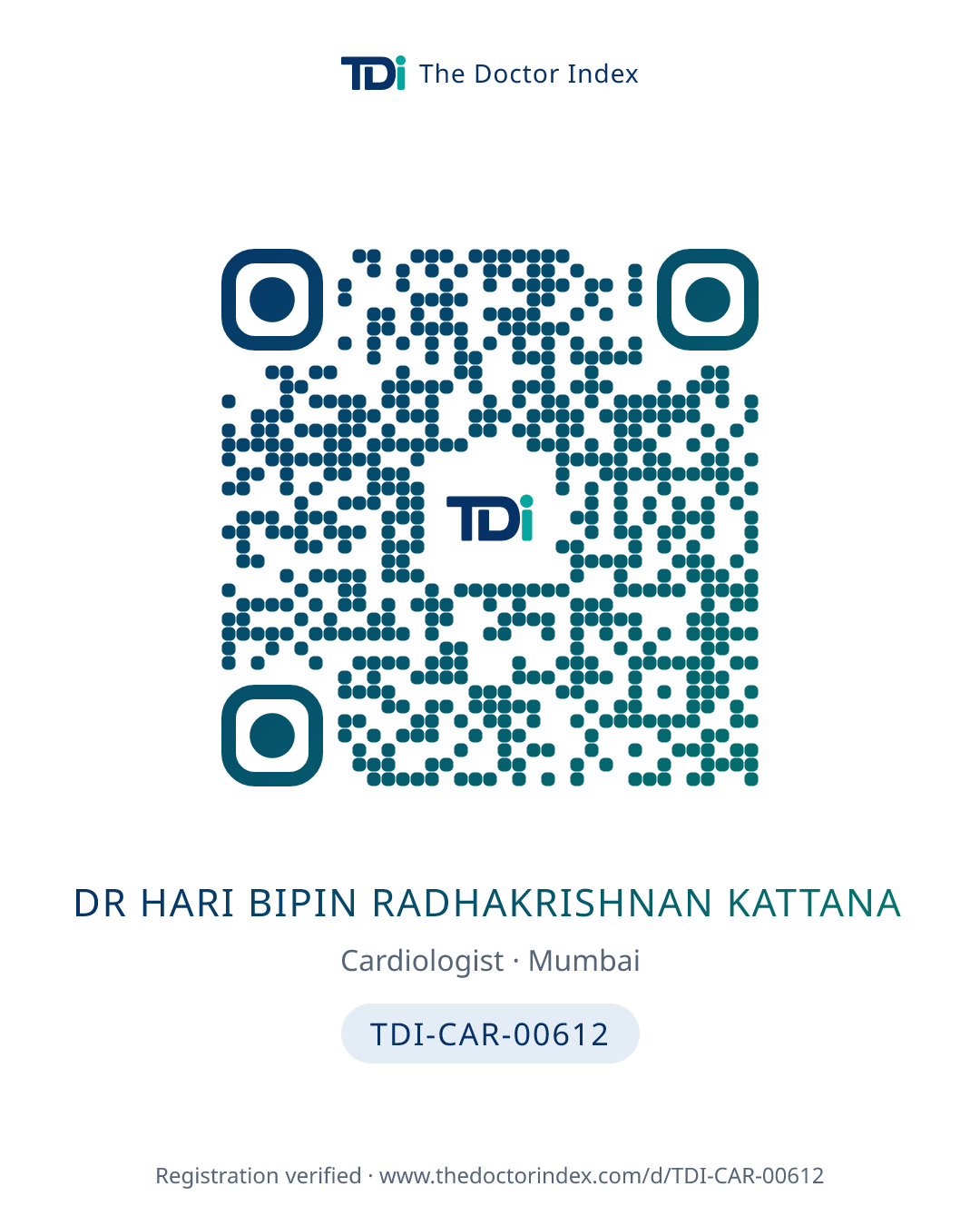 QR card for Dr Hari Bipin Radhakrishnan Kattana, TDI-CAR-00612