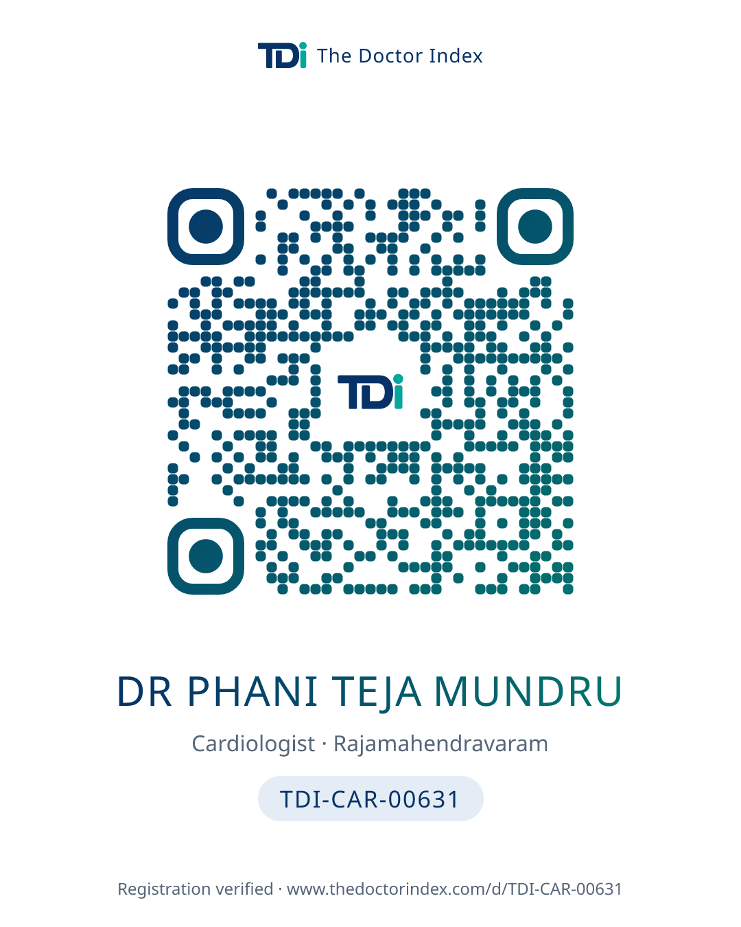 QR card for Dr Phani Teja Mundru, TDI-CAR-00631