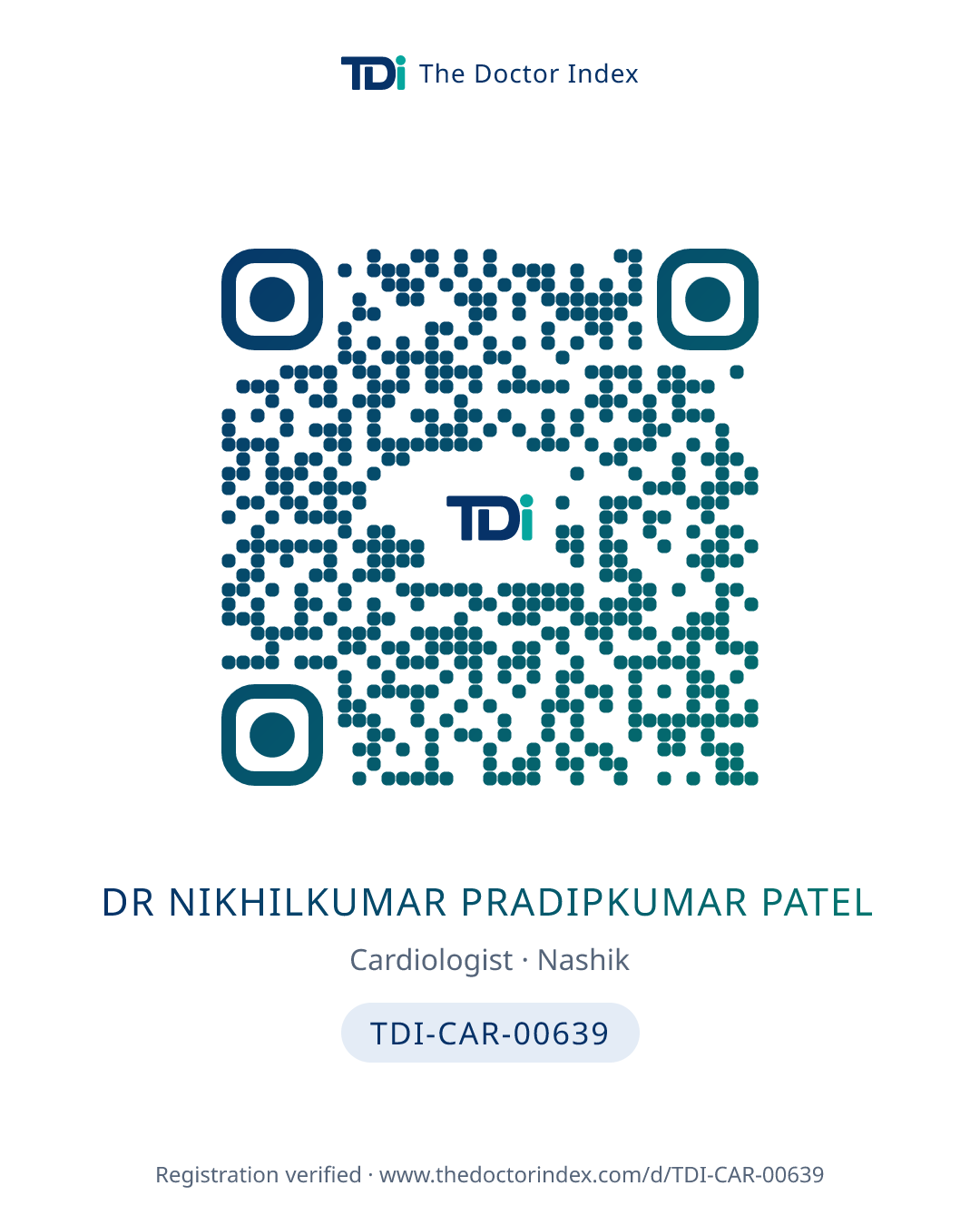 QR card for Dr Nikhilkumar Pradipkumar Patel, TDI-CAR-00639