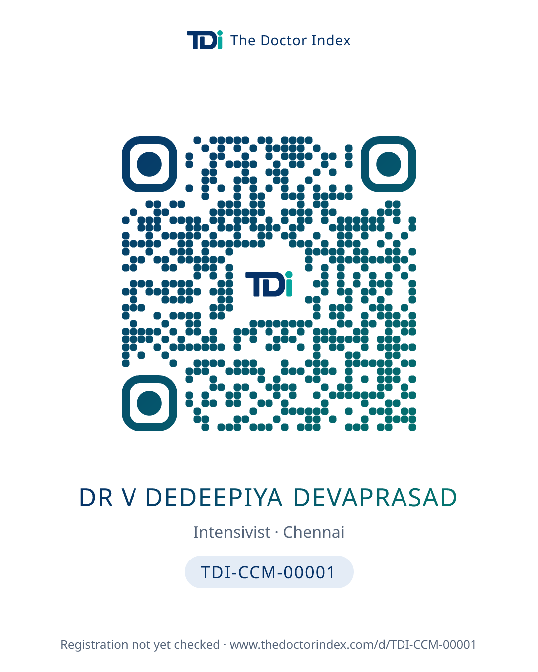 QR card for Dr V Dedeepiya Devaprasad, TDI-CCM-00001