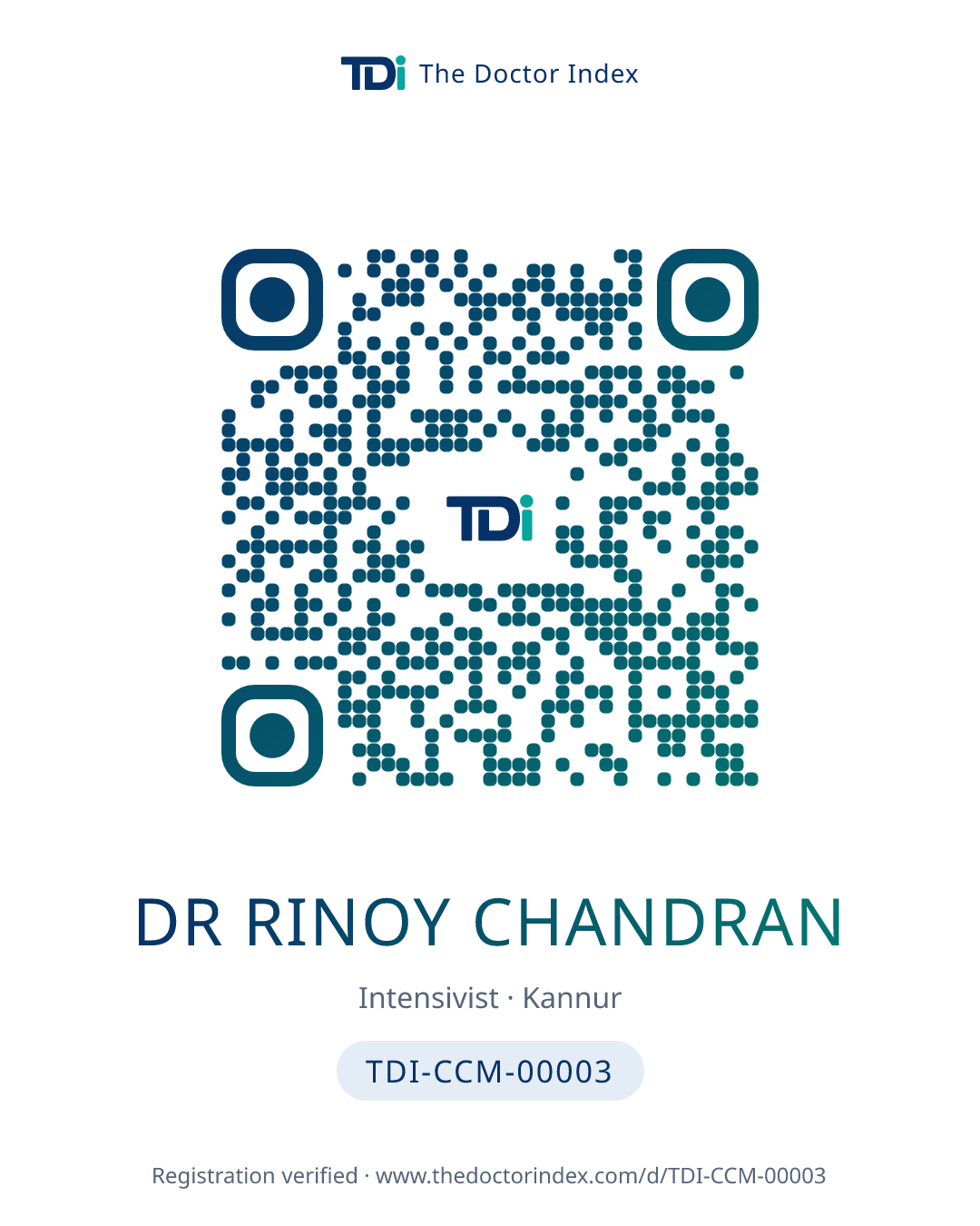 QR card for Dr Rinoy Chandran, TDI-CCM-00003