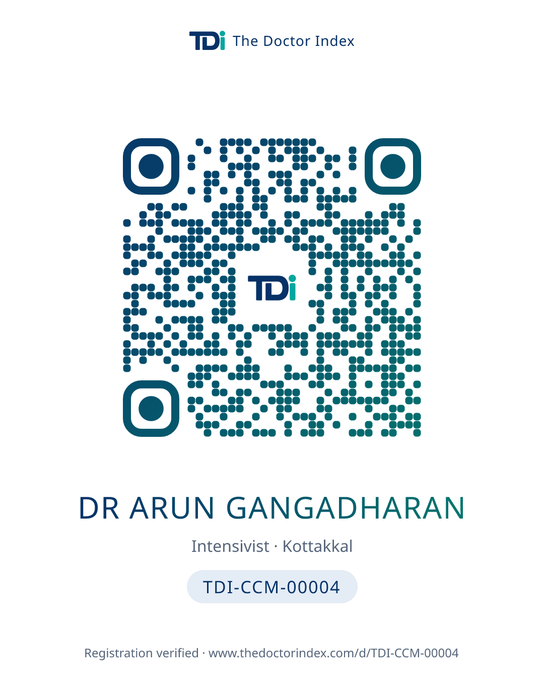 QR card for Dr Arun Gangadharan, TDI-CCM-00004
