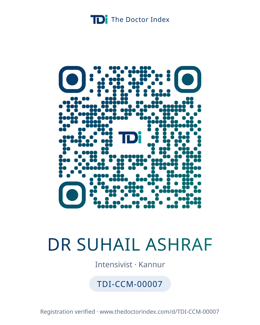 QR card for Dr Suhail Ashraf, TDI-CCM-00007