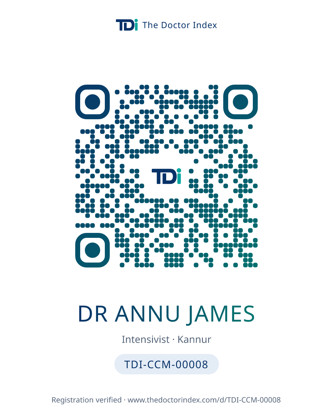 QR card for Dr Annu james, TDI-CCM-00008