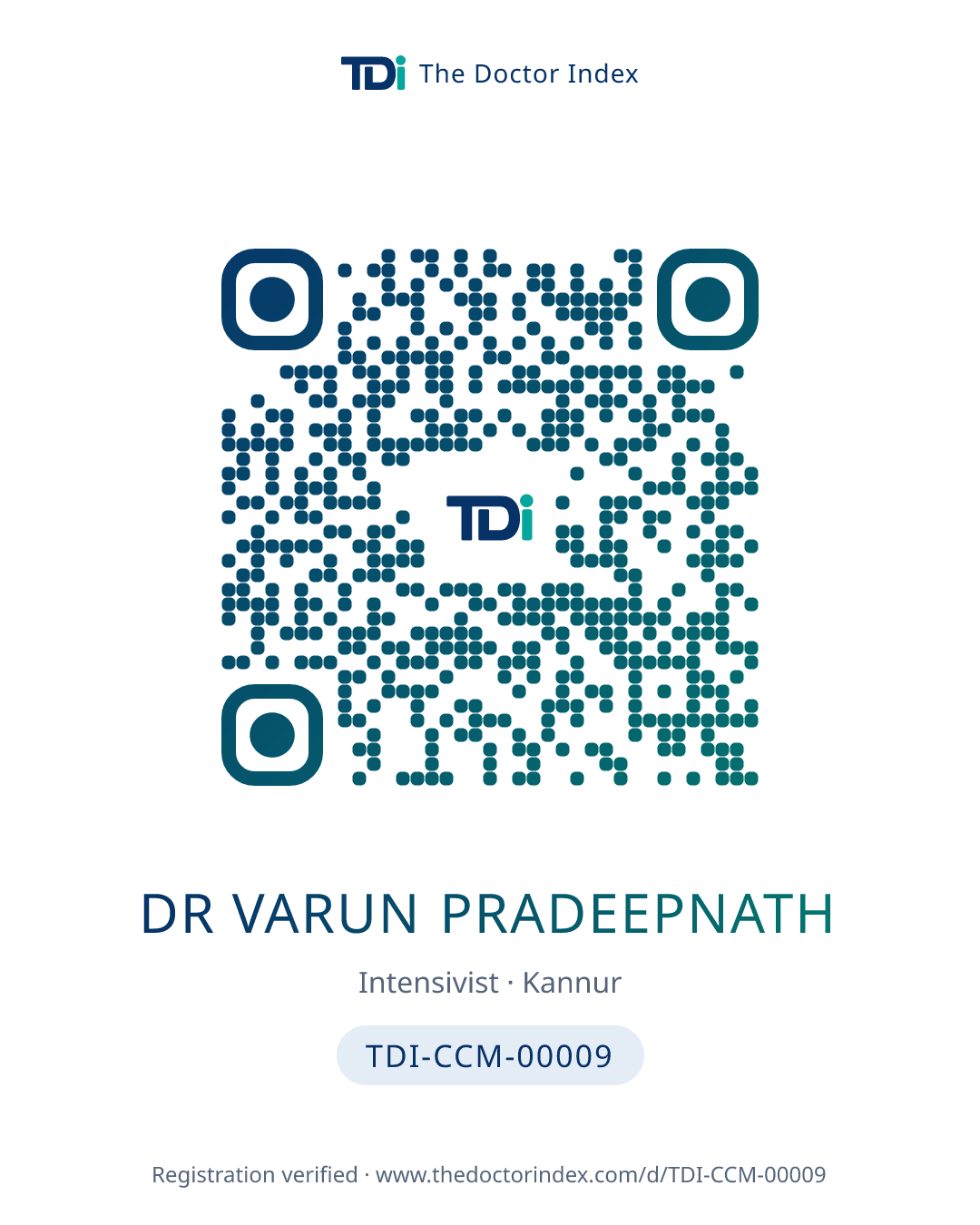 QR card for Dr Varun Pradeepnath, TDI-CCM-00009