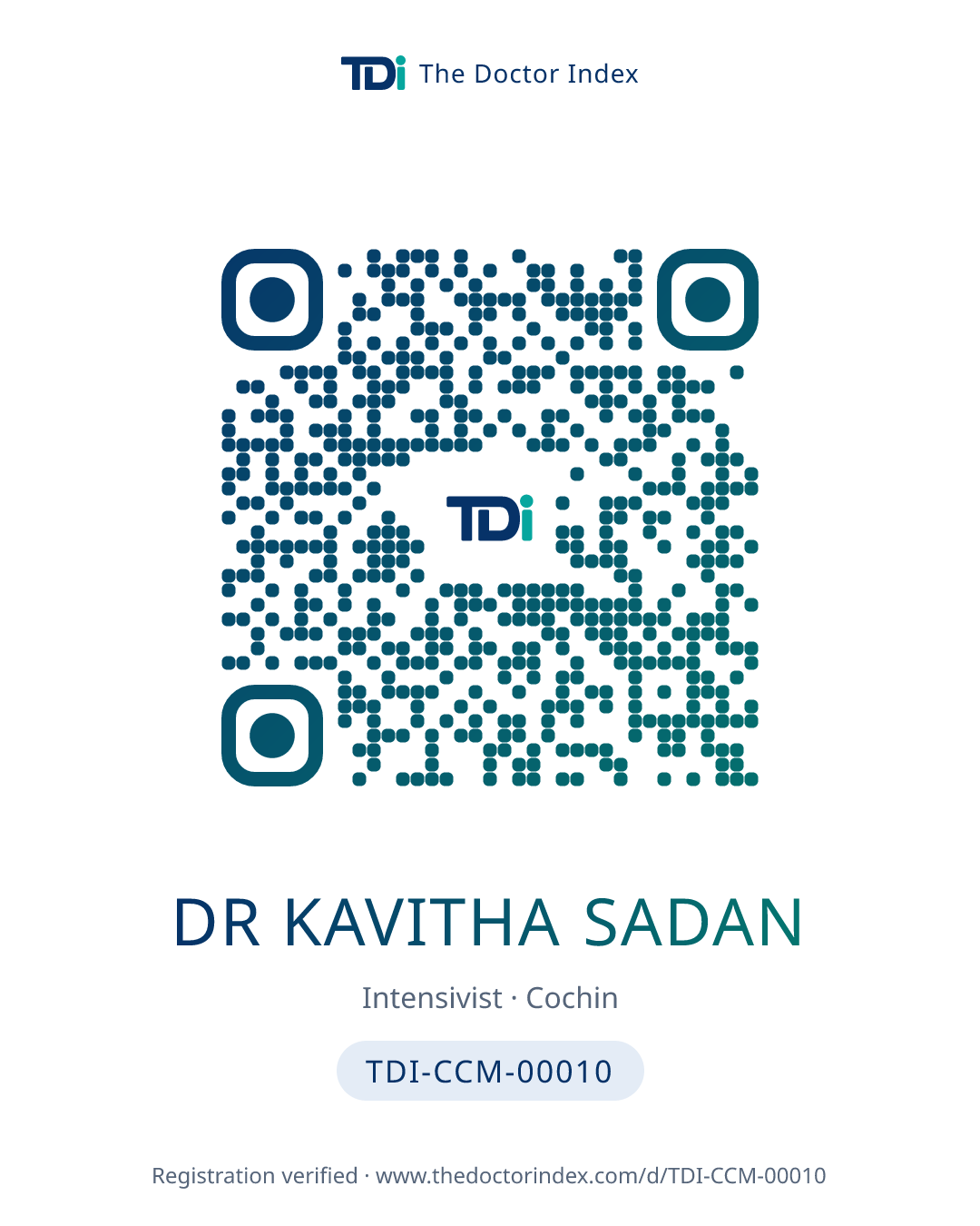 QR card for Dr Kavitha Sadan, TDI-CCM-00010