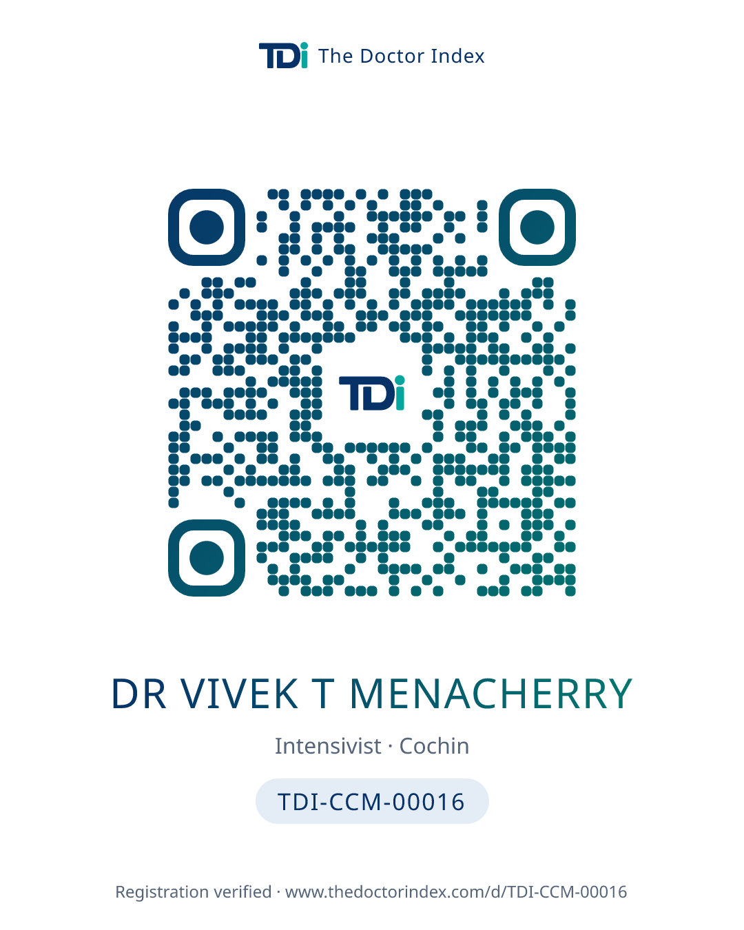 QR card for Dr Vivek T Menacherry, TDI-CCM-00016