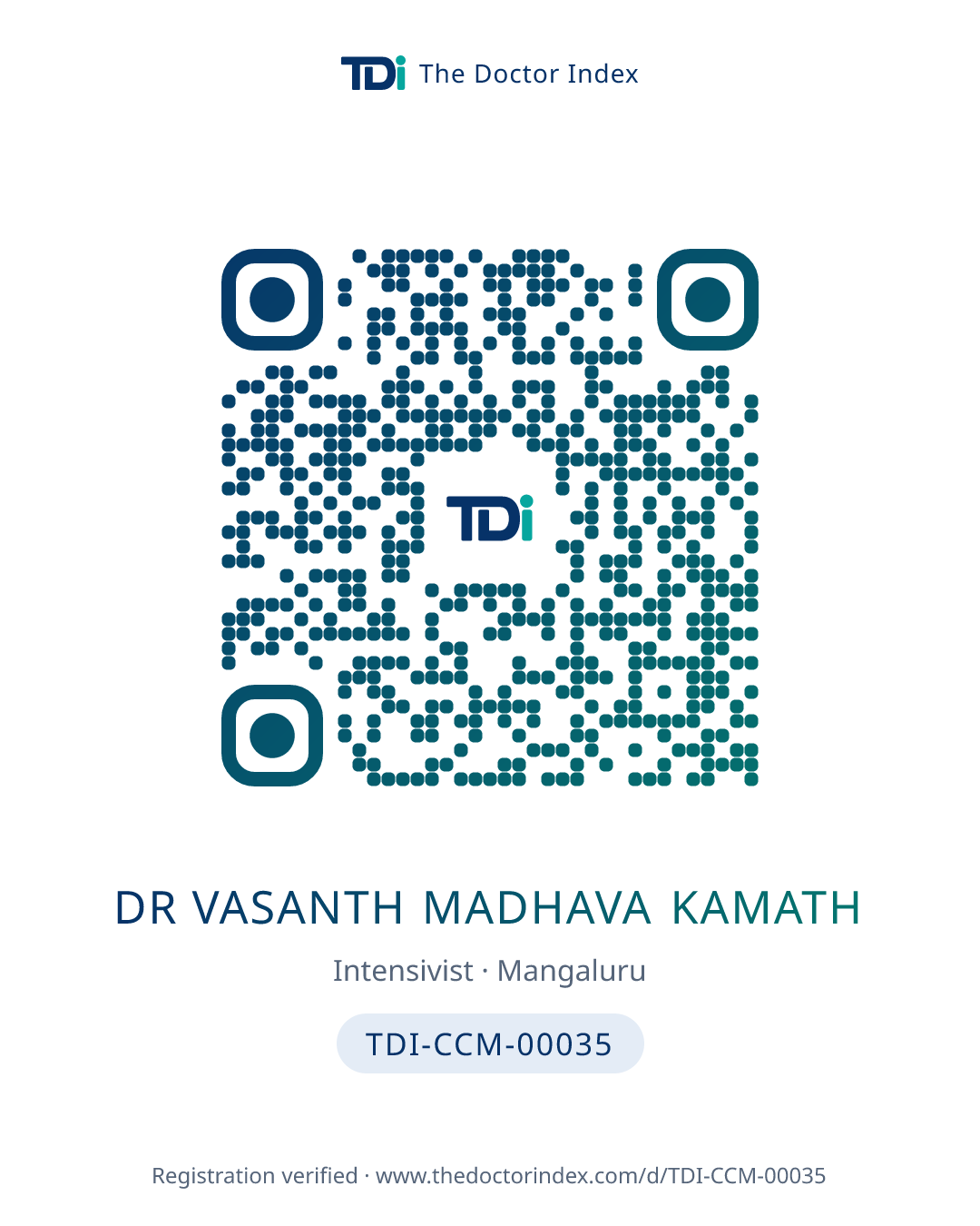 QR card for Dr Vasanth Madhava Kamath, TDI-CCM-00035