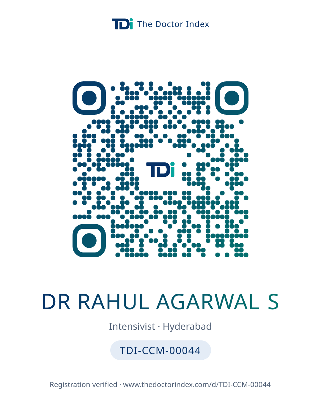 QR card for Dr Rahul Agarwal S, TDI-CCM-00044