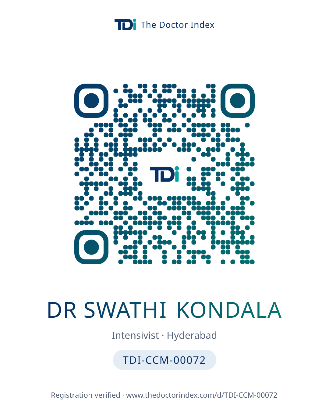 QR card for Dr Swathi Kondala, TDI-CCM-00072