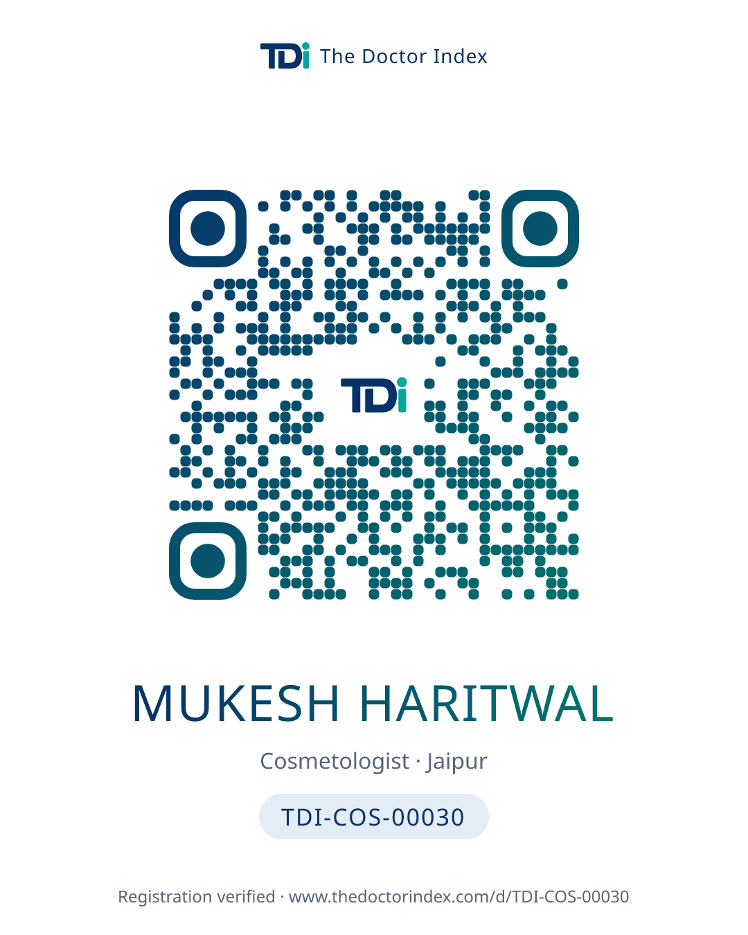 QR card for Mukesh Haritwal, TDI-COS-00030