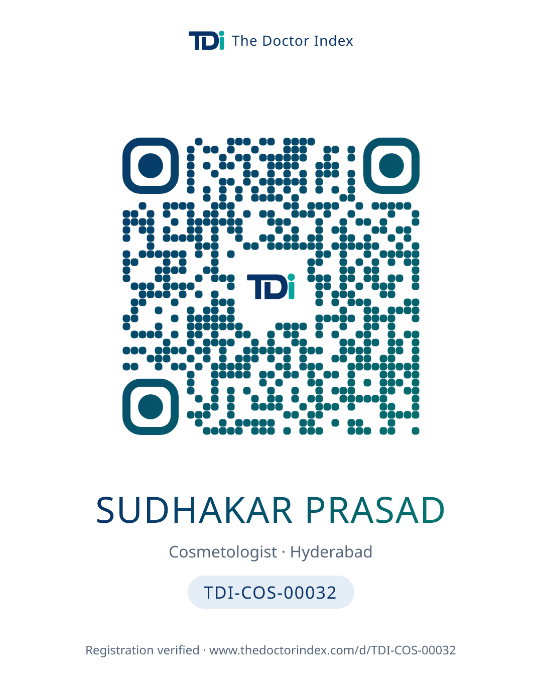 QR card for Sudhakar Prasad, TDI-COS-00032