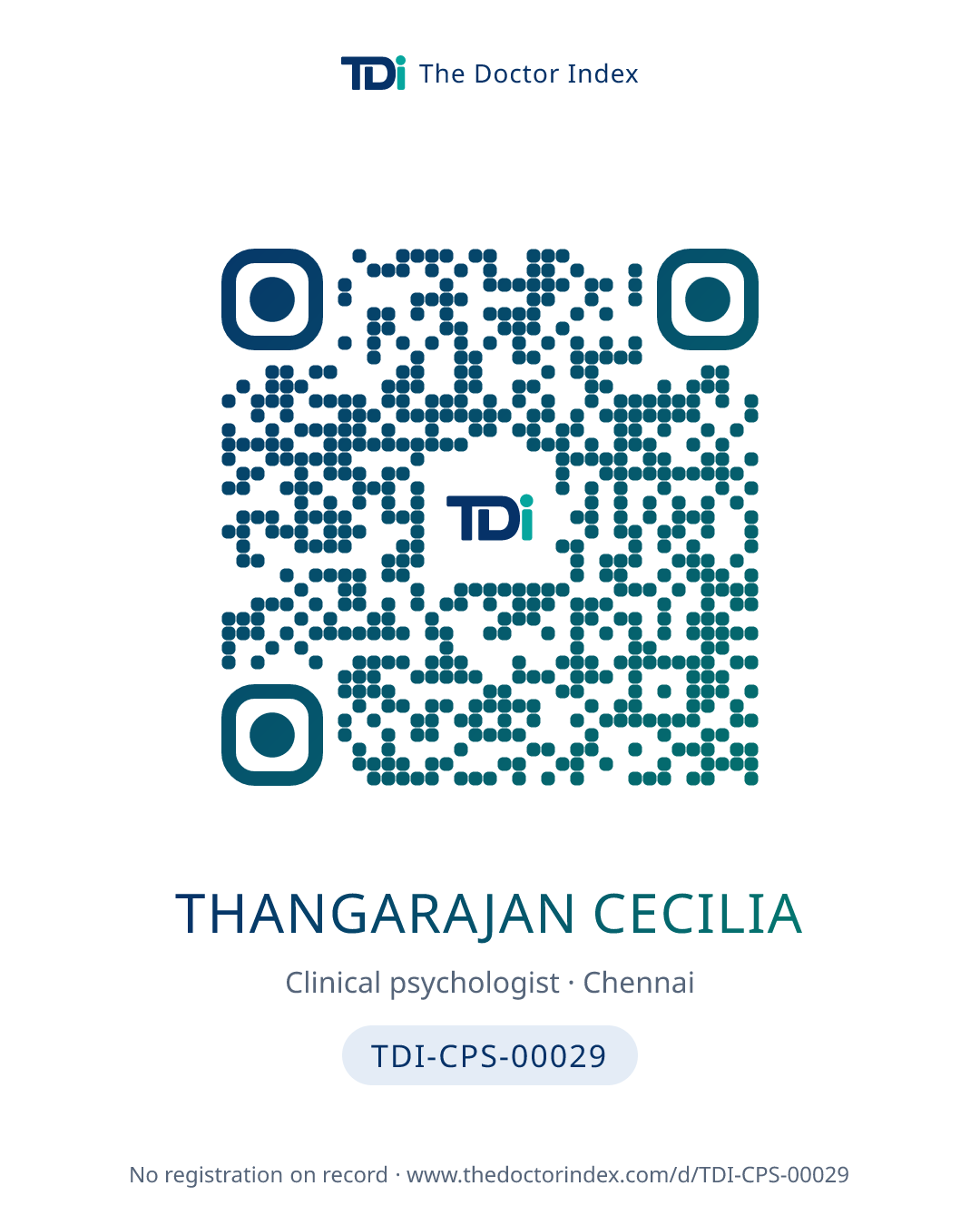QR card for Thangarajan Cecilia, TDI-CPS-00029