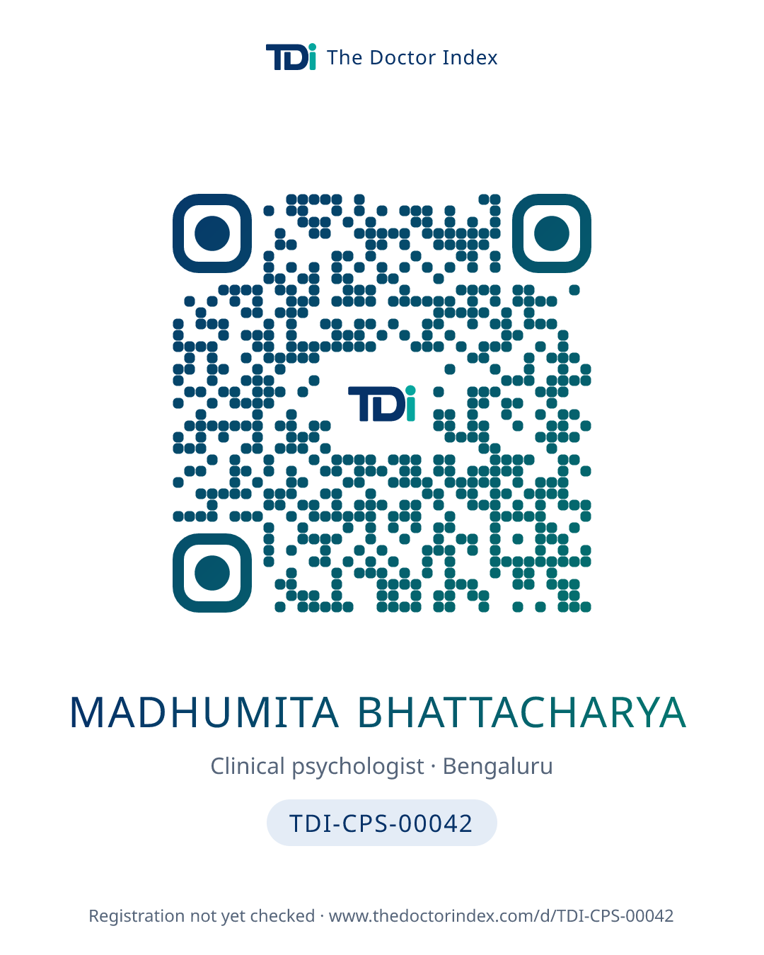 QR card for Madhumita Bhattacharya, TDI-CPS-00042
