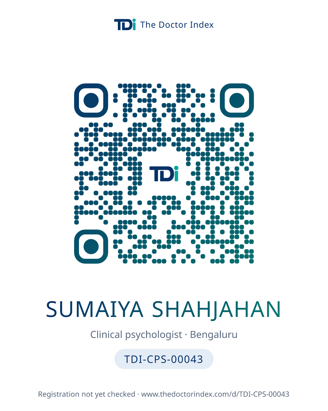 QR card for Sumaiya Shahjahan, TDI-CPS-00043