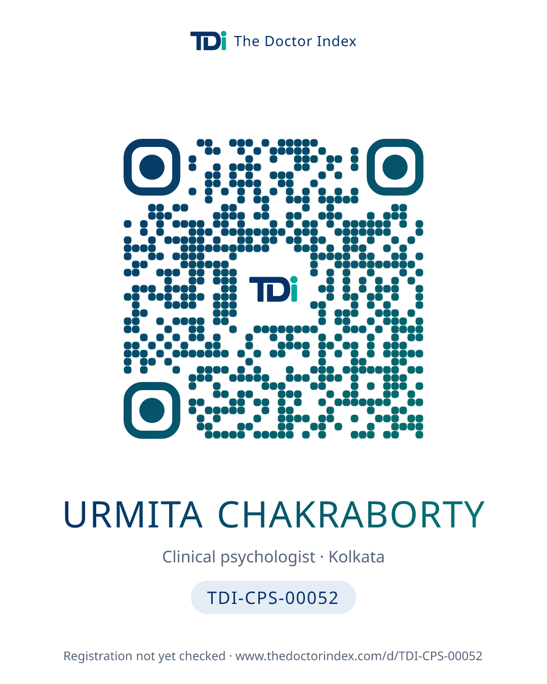 QR card for Urmita Chakraborty, TDI-CPS-00052