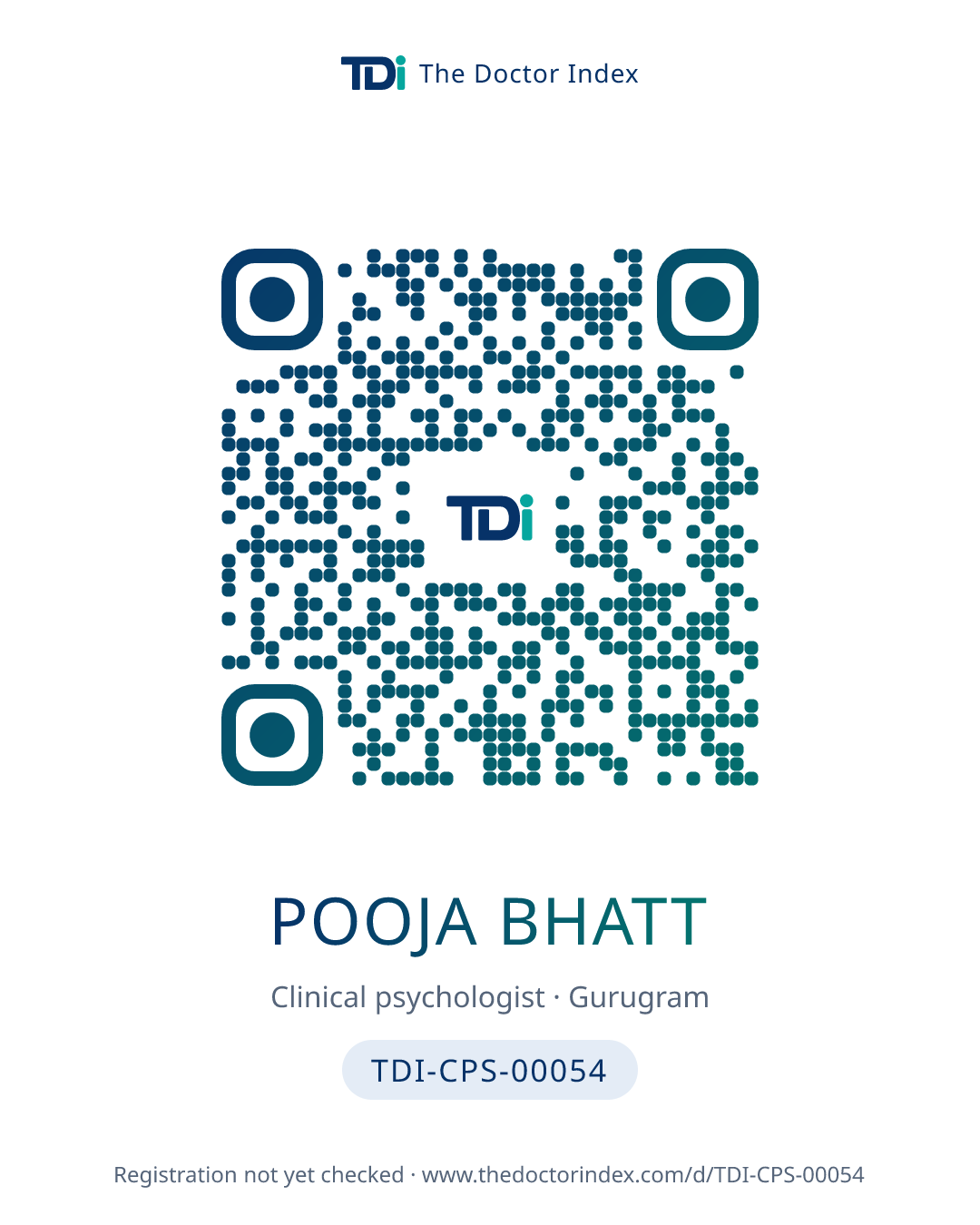 QR card for Pooja Bhatt, TDI-CPS-00054