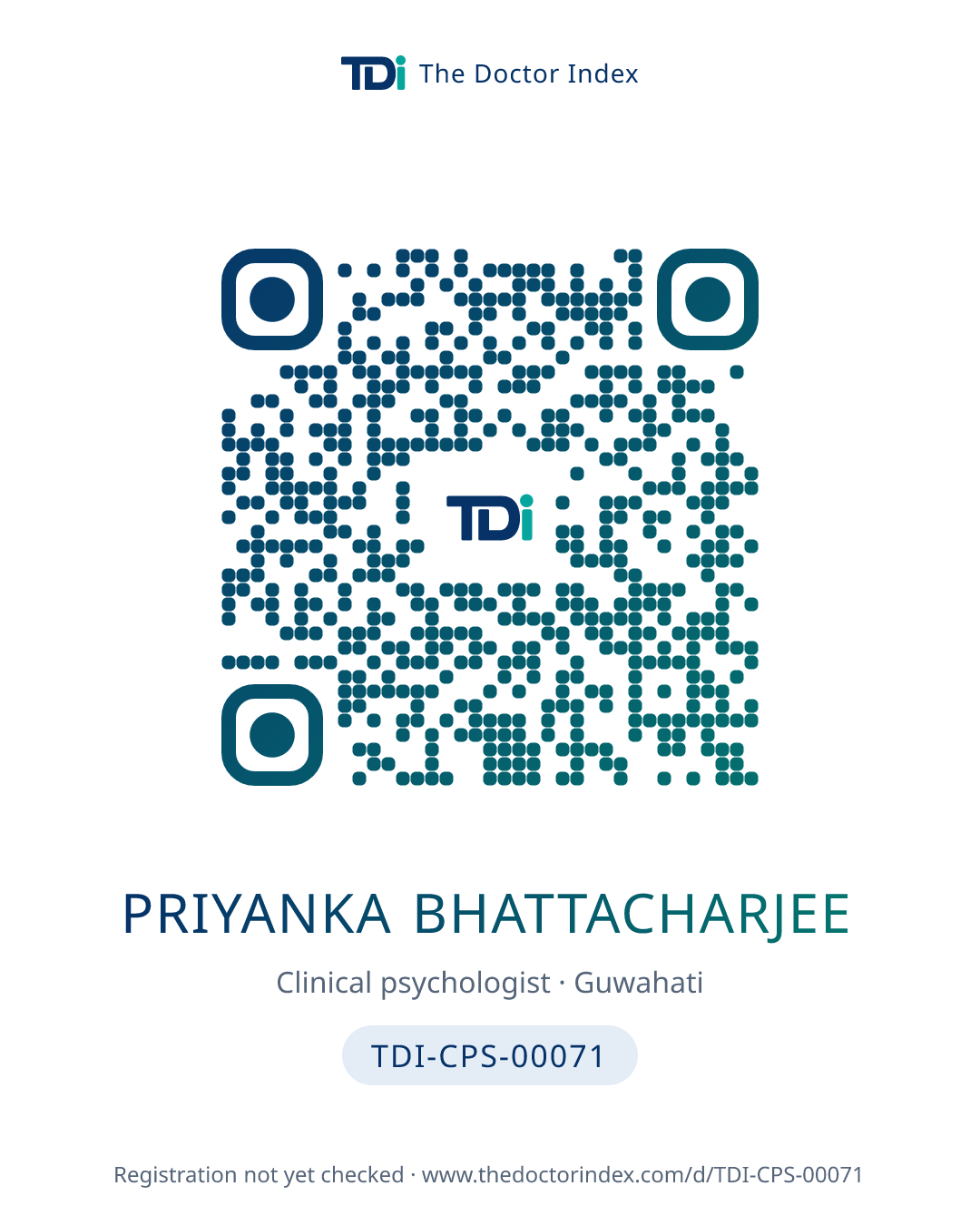 QR card for Priyanka Bhattacharjee, TDI-CPS-00071
