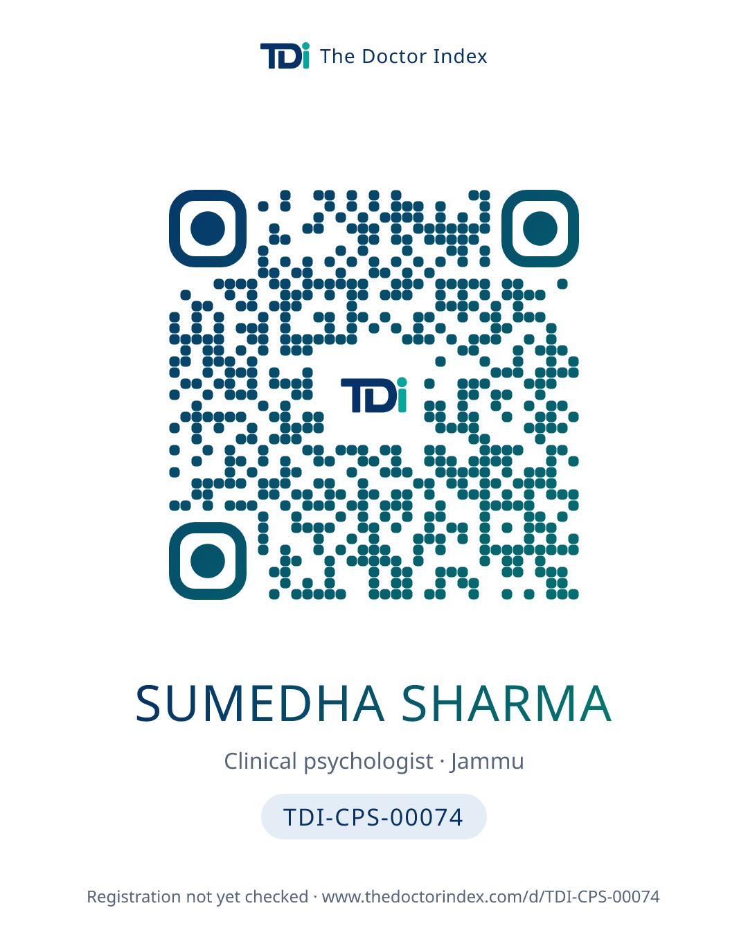 QR card for Sumedha Sharma, TDI-CPS-00074