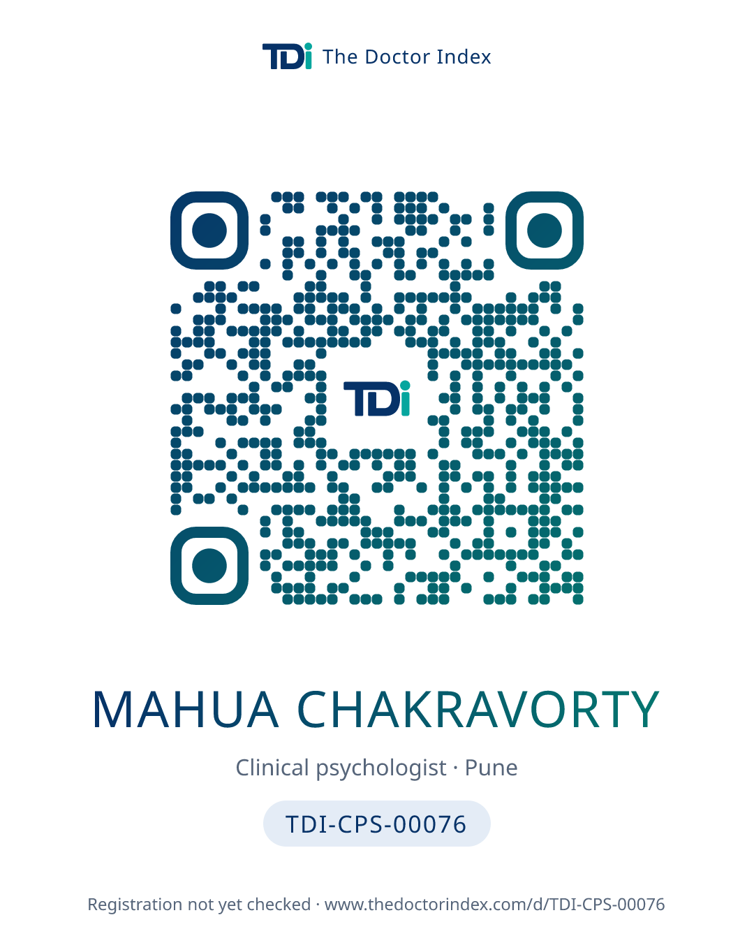 QR card for Mahua Chakravorty, TDI-CPS-00076