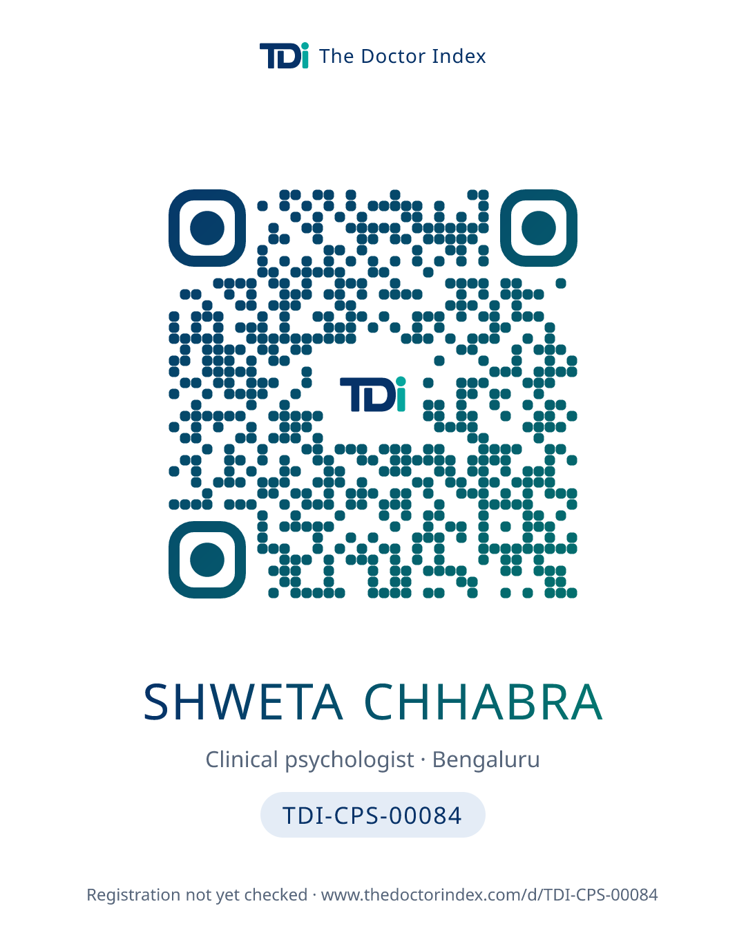 QR card for Shweta Chhabra, TDI-CPS-00084