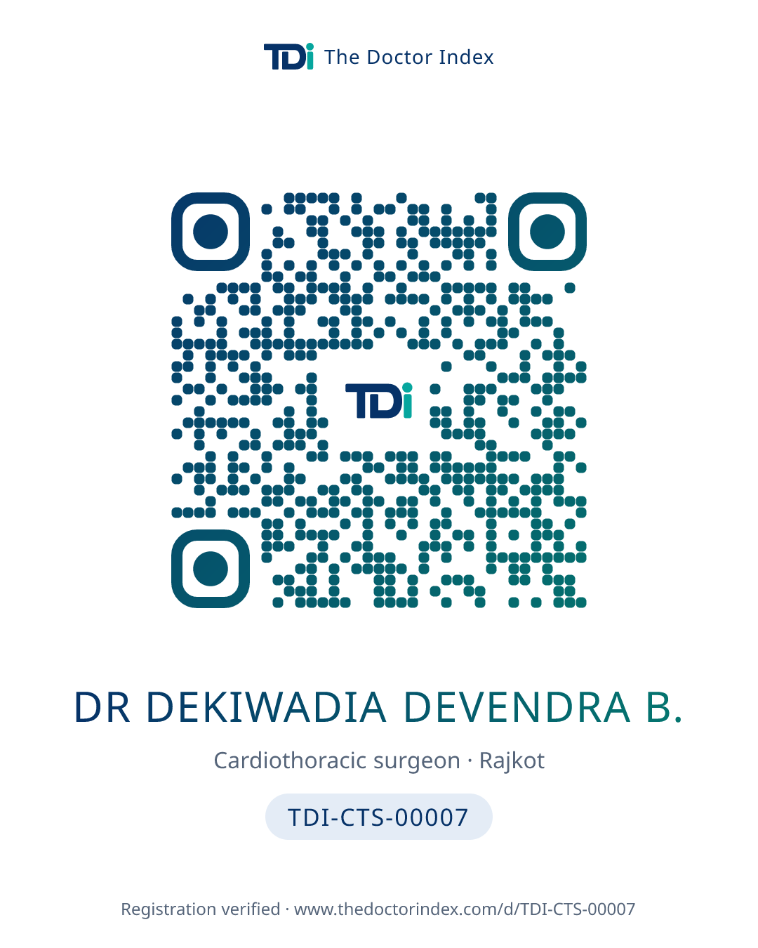 QR card for Dr Dekiwadia Devendra B., TDI-CTS-00007